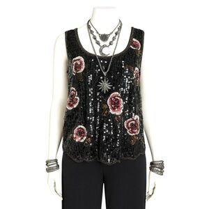 Forever 21 Top Black Pink Floral Sequin Beaded Sleeveless Whimsigoth Party Tank